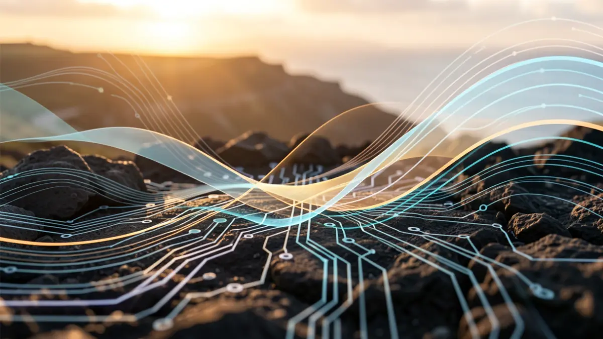 Abstract image of technological innovation and business growth in the Azores, featuring circuit patterns and volcanic texture.