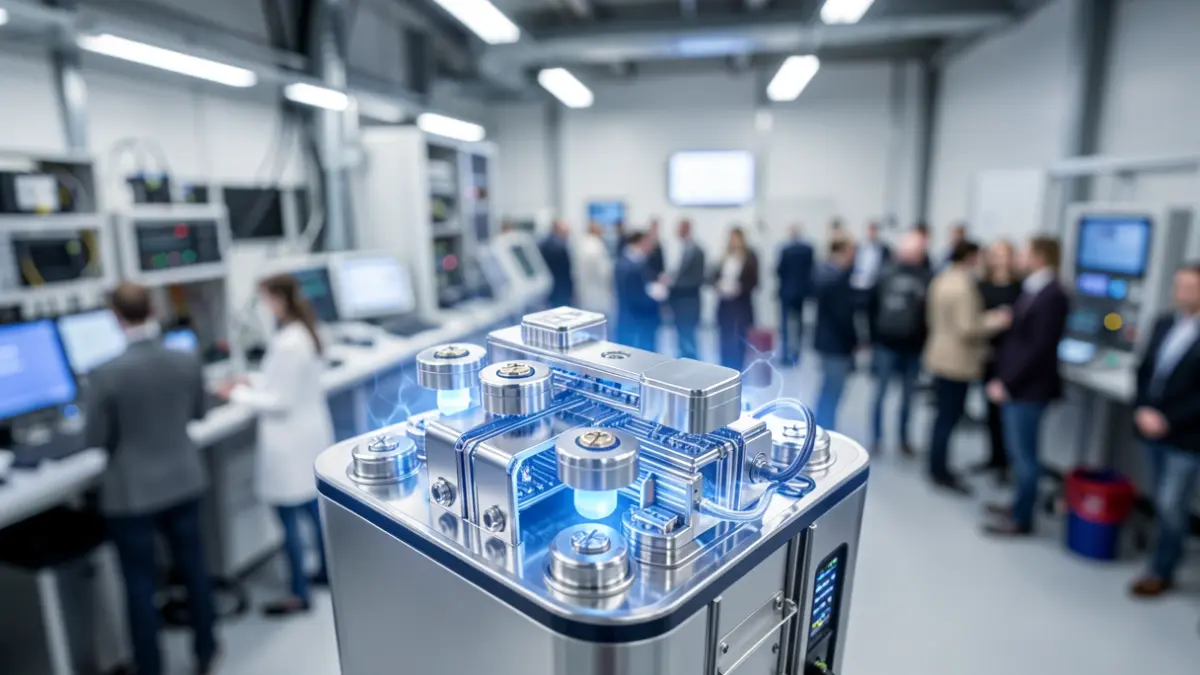 Célula de bateria moderna com componentes internos intrincados, emitindo uma subtil energia azul, num laboratório de alta tecnologia.