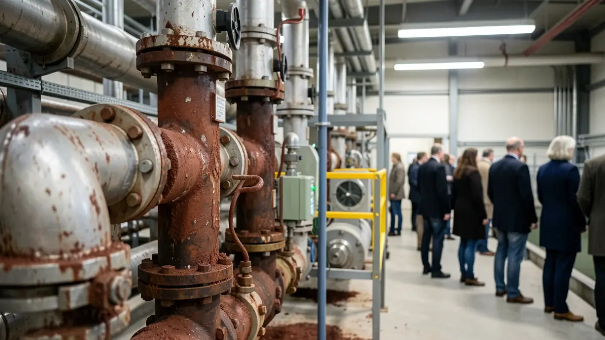 Imagem de equipamento industrial numa estação de tratamento de água, focando em resíduos de ferro e recuperação de recursos.