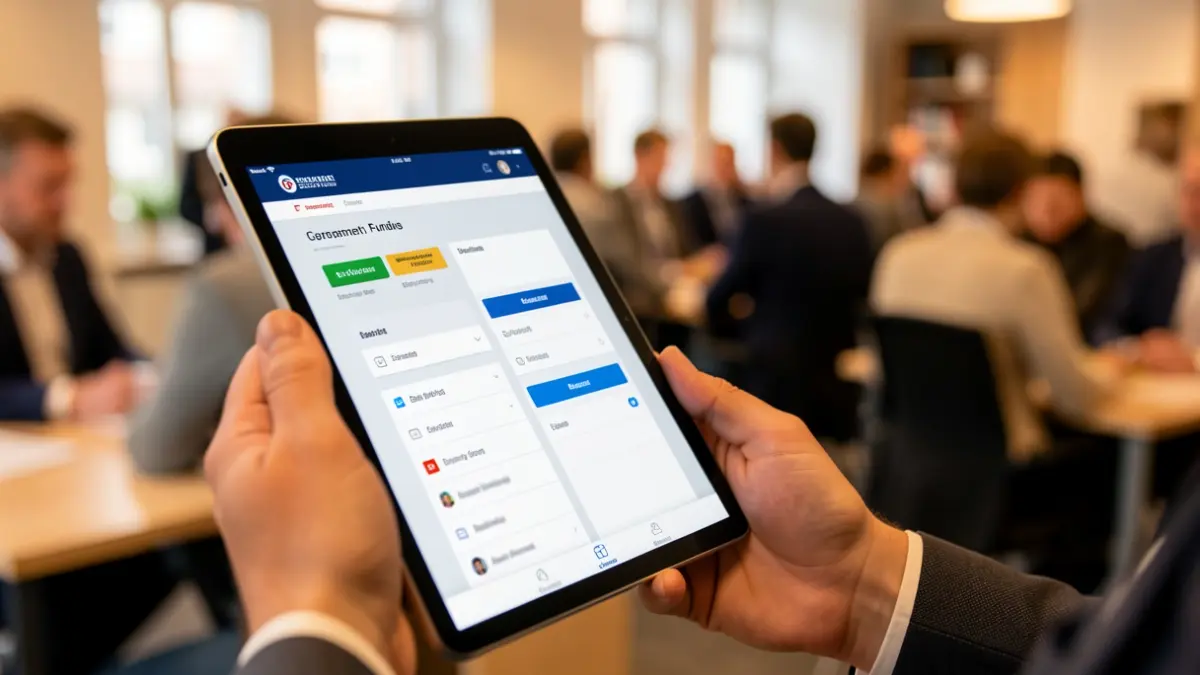 Image of a tablet displaying a European funds portal, in an office setting.