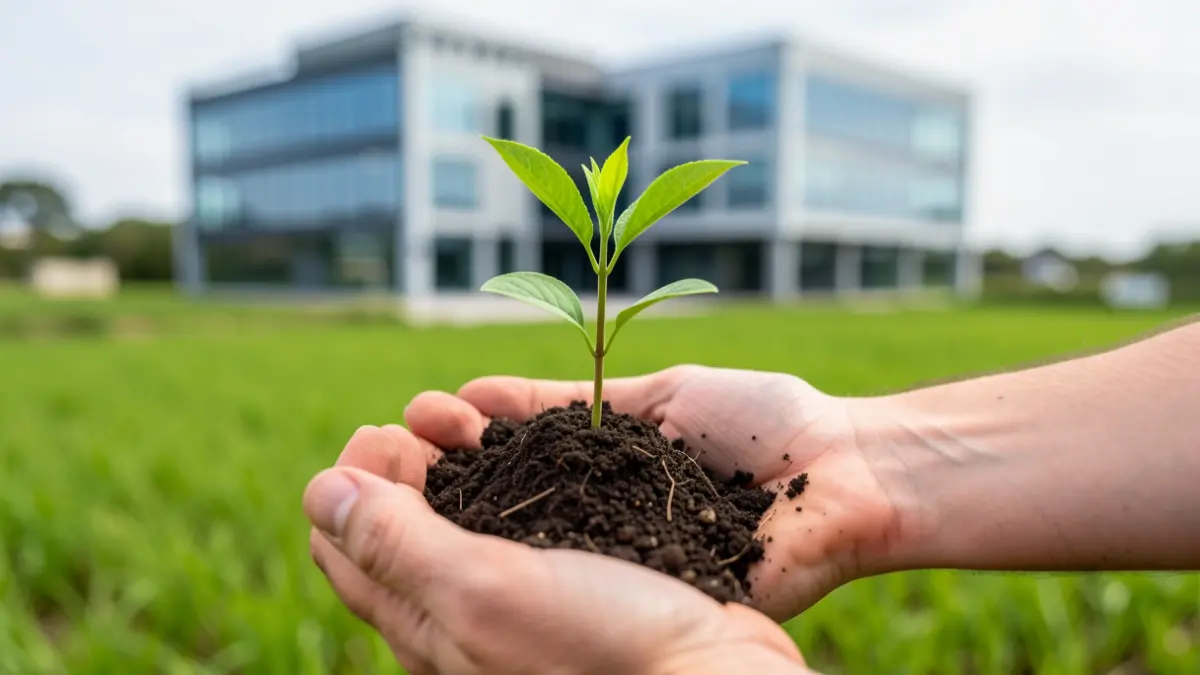 Mão a segurar uma planta verde com um edifício moderno e campos desfocados ao fundo, simbolizando inovação social.