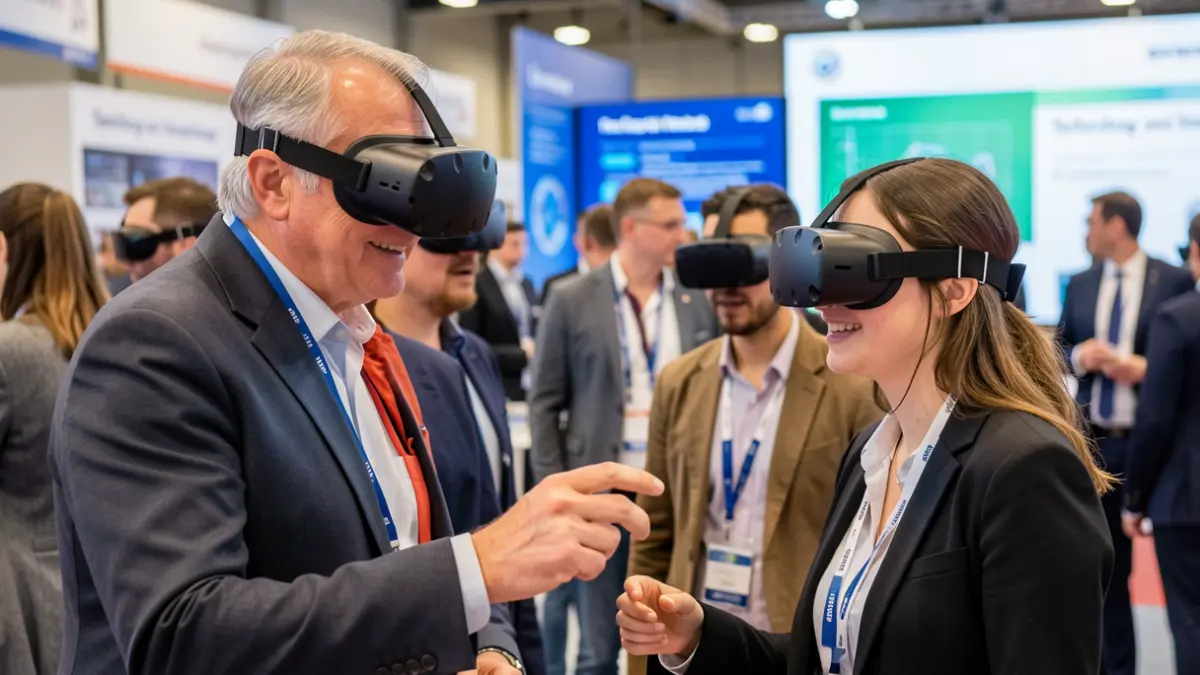 Imagem genérica de professores e alunos a experimentar óculos de realidade virtual numa feira de tecnologia e inovação.