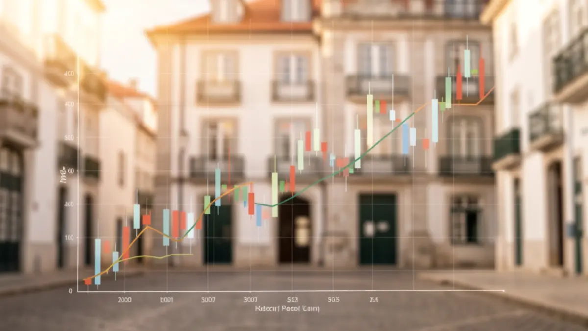 Generic image of economic data analysis with Portuguese architectural elements.