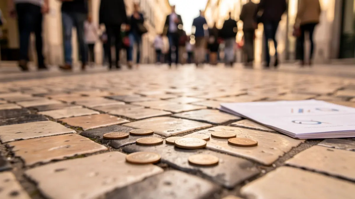 Generic image of Portuguese pavement with coins and a blurred business document.