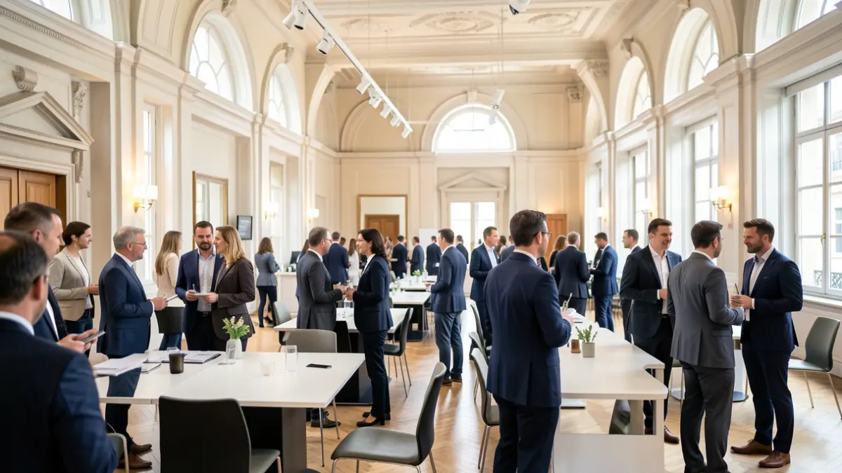 Image of a modern conference hall in Porto's Palácio da Bolsa, with delegates interacting.