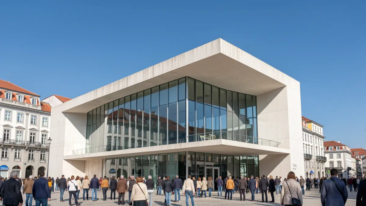 Fachada moderna da Fundação de Serralves no Porto, com linhas arquitetónicas limpas e céu azul.