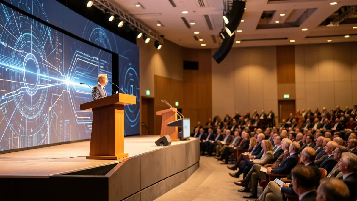 Generic image of a modern conference hall with a stage and blurred audience.