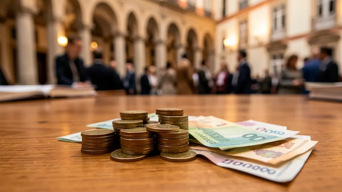 Imagem genérica de moedas e notas portuguesas sobre uma secretária, com elementos arquitetónicos de uma universidade portuguesa desfocados ao fundo.