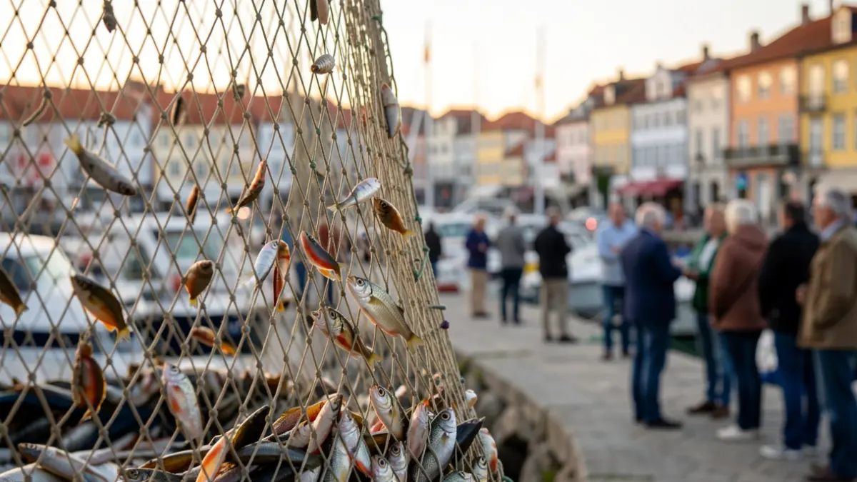 Imagem de uma rede de pesca com peixes coloridos, em frente a um porto de pesca algarvio ao amanhecer.