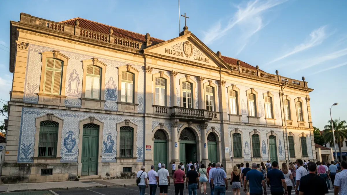 Fachada do edifício da Câmara Municipal de Lagos, um edifício histórico português com azulejos tradicionais e arquitetura em pedra, sob a luz quente da tarde.