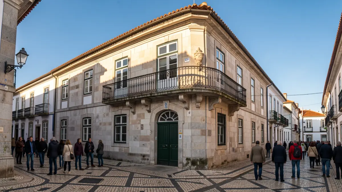 Fachada de um edifício municipal em Ponte de Lima, Portugal, com detalhes arquitetónicos tradicionais.