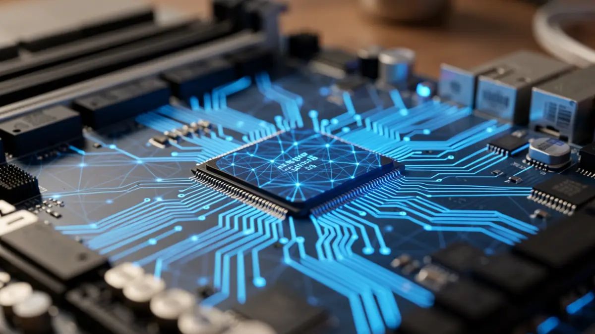 Generic image of a computer circuit board with neural network patterns, symbolizing artificial intelligence.