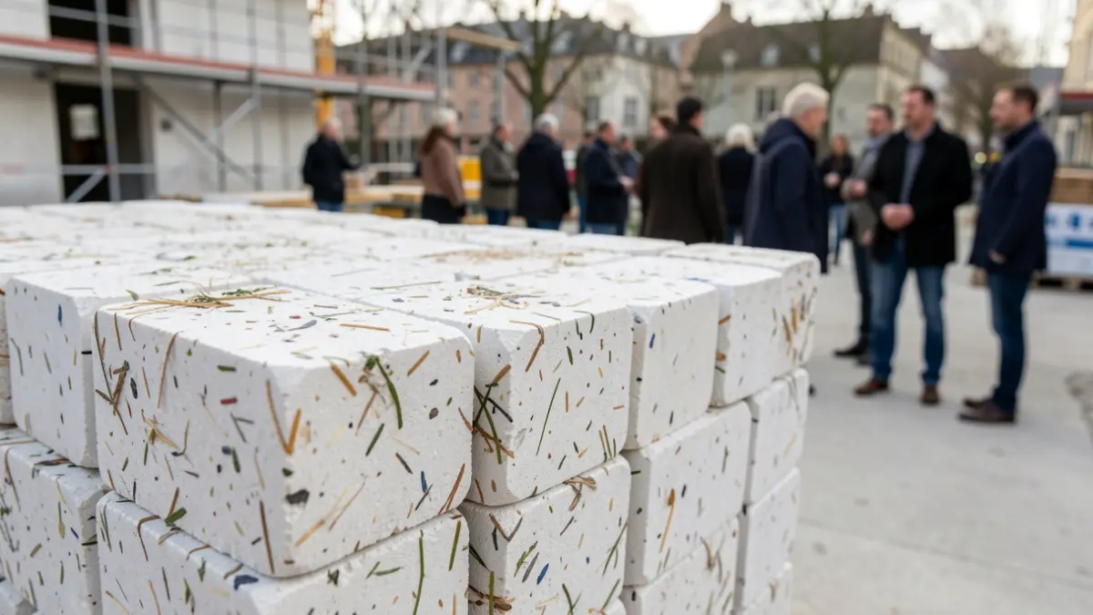 Modular construction blocks made from recycled plastic, with mineral and plant fibers, stacked.