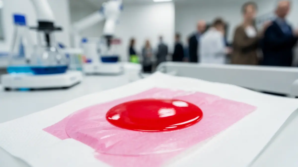 Close-up de um sensor de película adesiva vermelha e rosa, representando um penso inteligente para feridas, com equipamento de laboratório desfocado ao fundo.