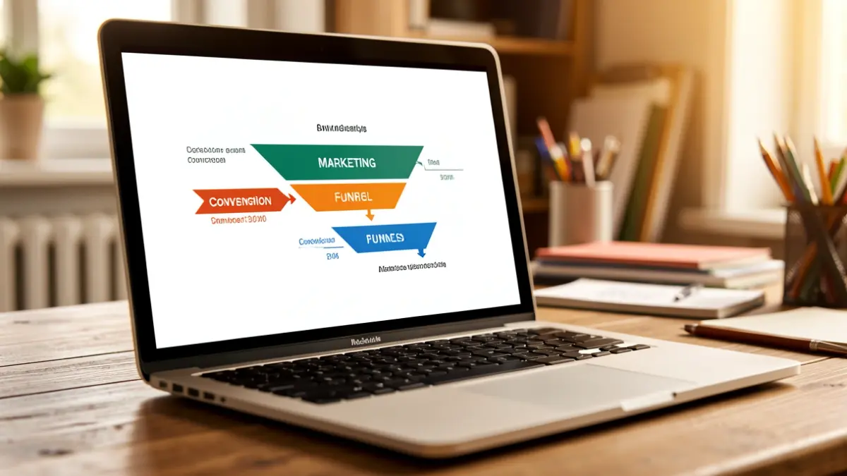 Digital marketing conversion funnel graphic on a computer screen.