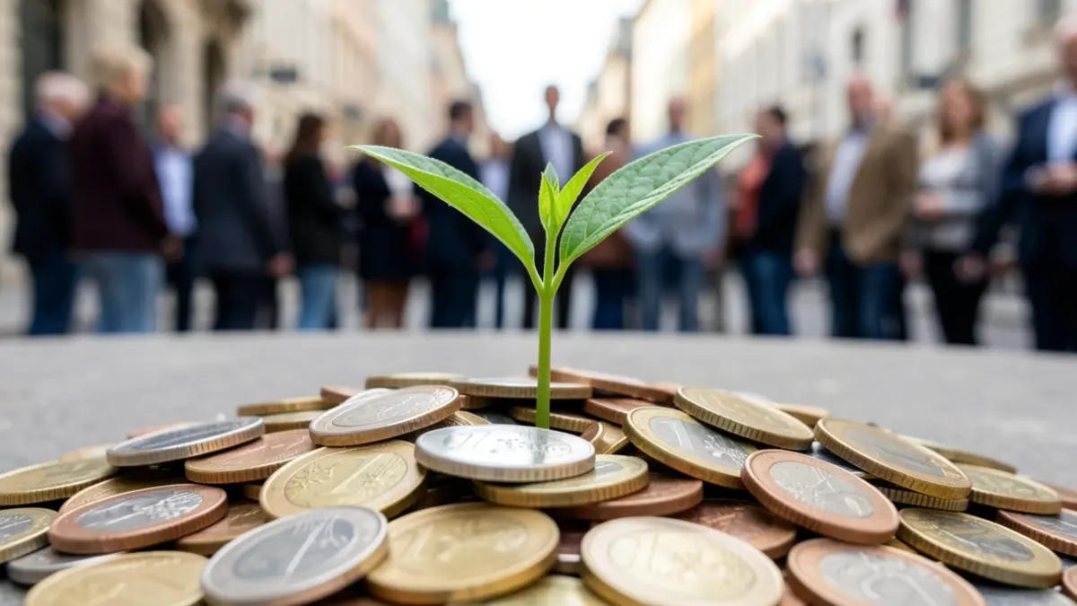 Imagem genérica de uma planta a crescer de moedas de euro, simbolizando investimento e crescimento económico.