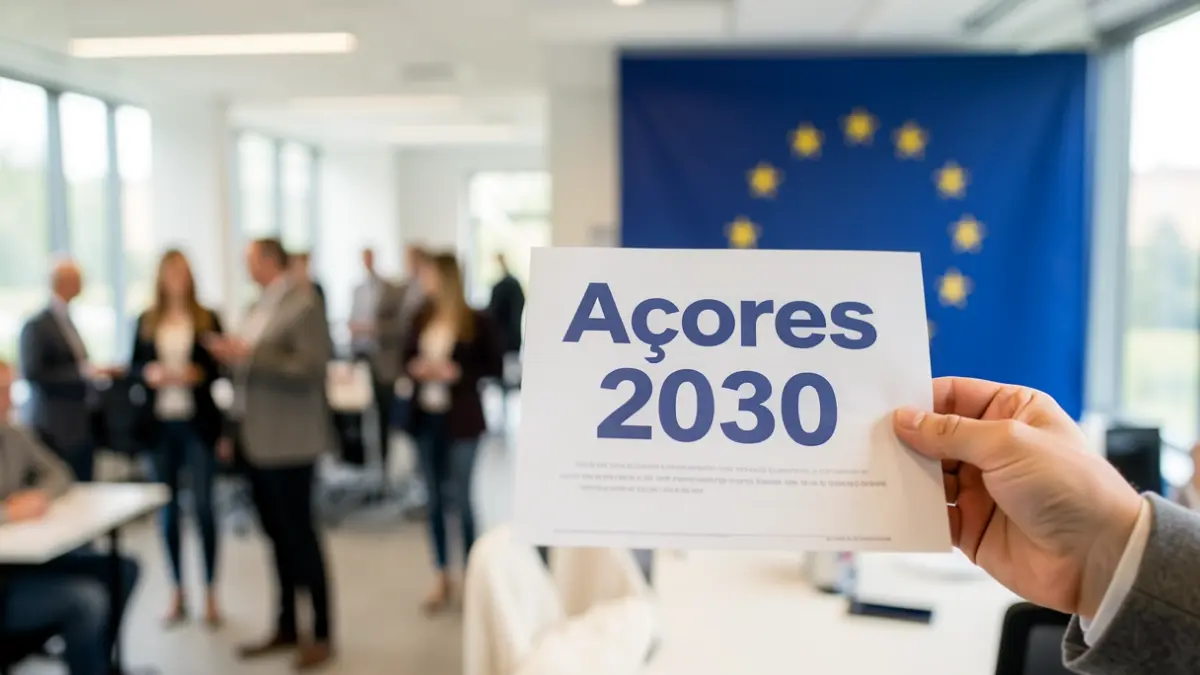 Generic image of a hand holding a document with the text 'Açores 2030' visible, with blurred background of a modern office space and subtle European Union flag motif.