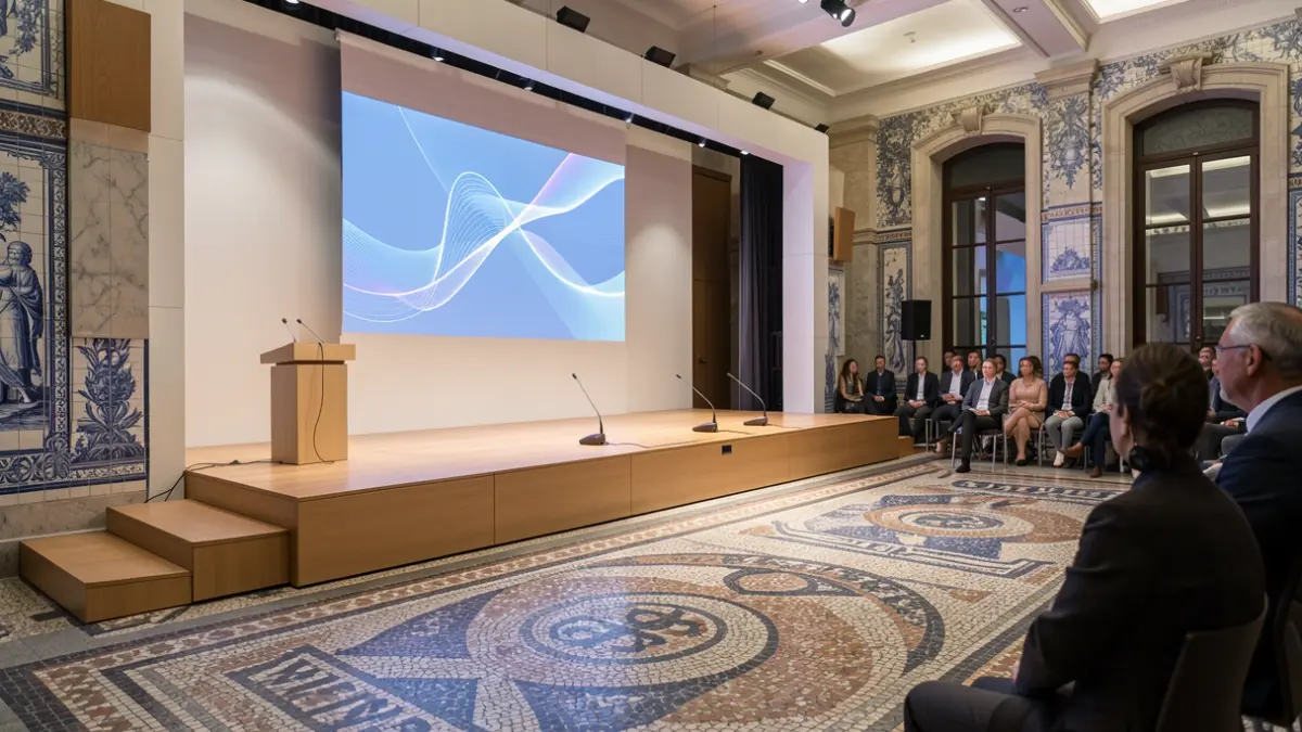 Imagem de uma sala de conferências moderna em Portugal, com pormenores arquitetónicos portugueses e iluminação suave.