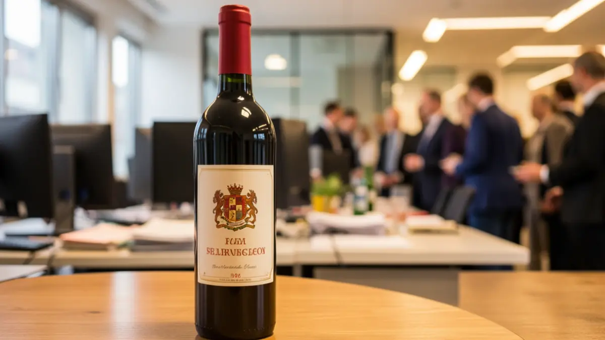 Imagen genérica de una botella de vino portugués sobre una mesa de madera, con una oficina moderna desenfocada al fondo.