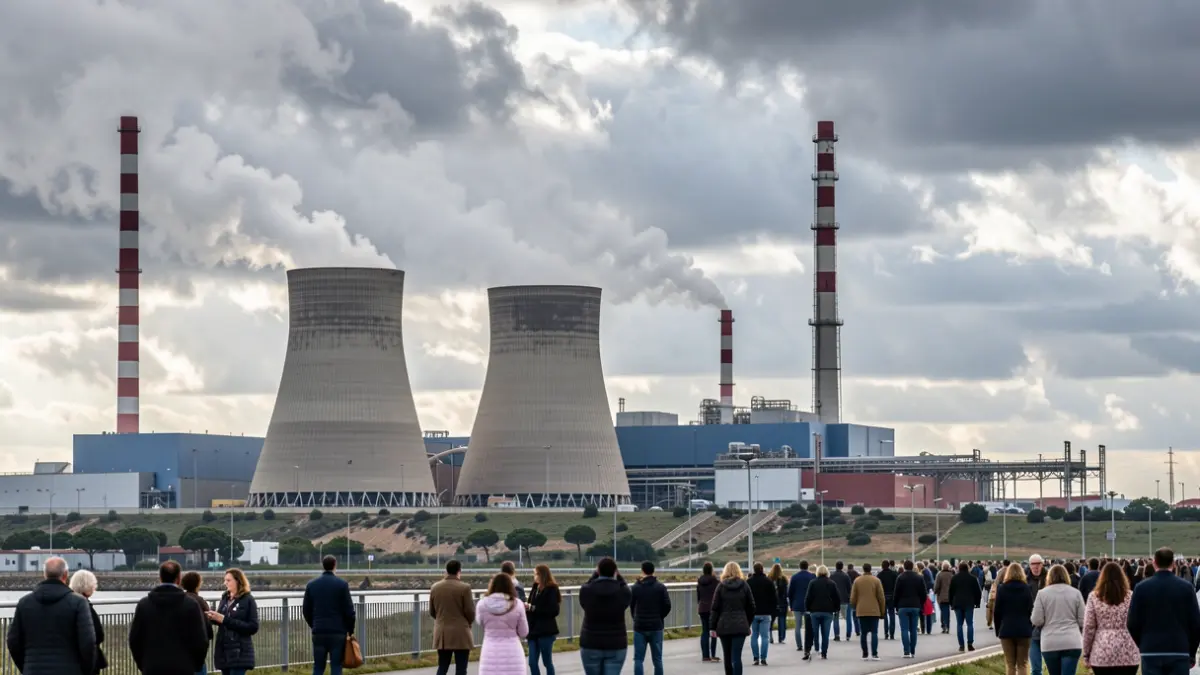 Paisagem industrial da Central Termoelétrica de Sines com chaminés e torres de arrefecimento.