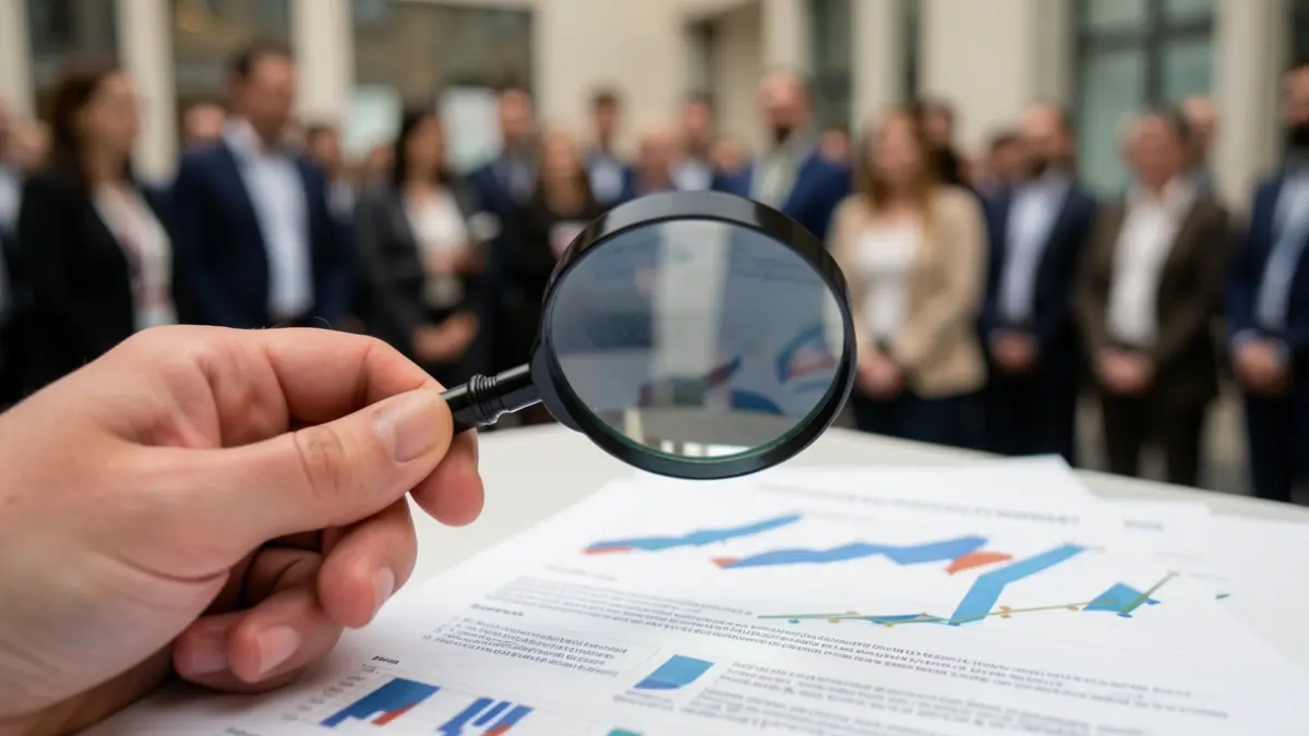 Mão com lupa sobre documento com gráficos financeiros e texto, simbolizando inovação empresarial e recursos humanos qualificados.