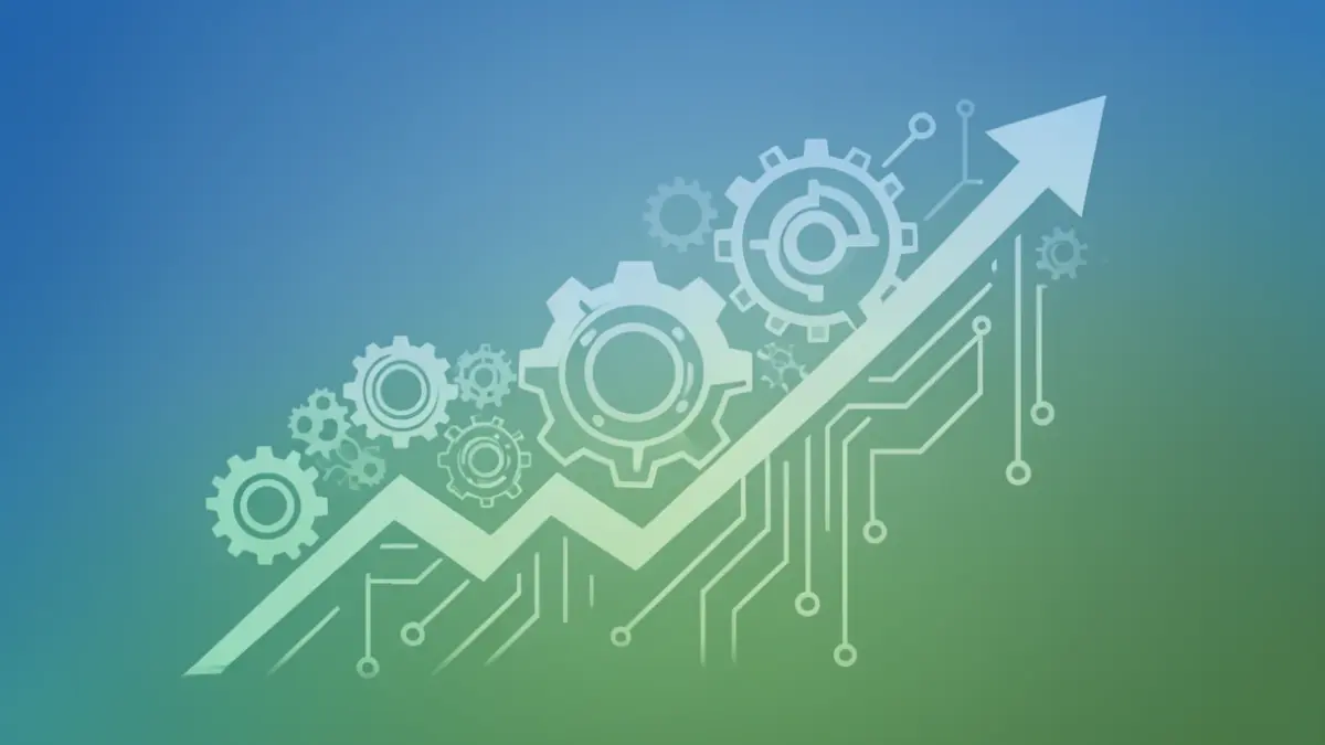 Generic image of stylized gears and circuits forming an upward trend graph.
