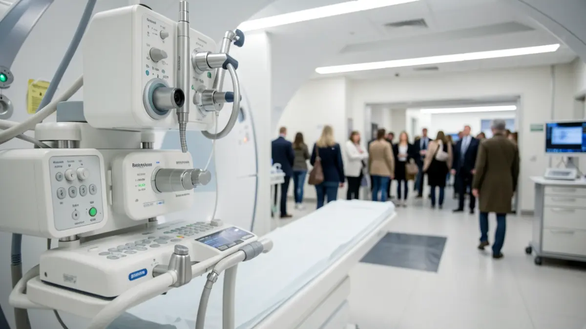 Imagem de equipamentos hospitalares modernos num ambiente clínico.