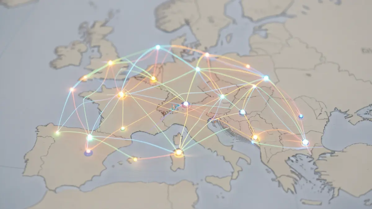 Generic image of an abstract network representing multi-level coordination of specialization strategies over a European map.