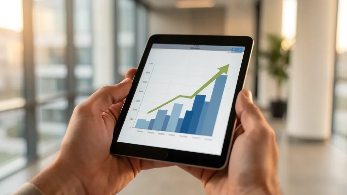 Imagem genérica de uma mão a segurar um tablet com um gráfico em ascensão, em ambiente de escritório.