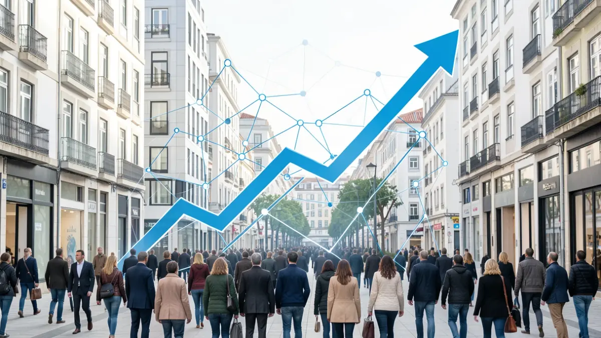 Generic image of stylized economic growth and innovation graphs in a modern Portuguese urban setting.