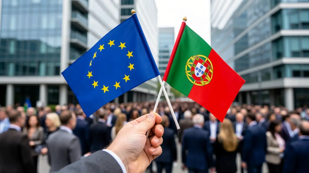Bandeiras da União Europeia e de Portugal em frente a edifícios de escritórios modernos.