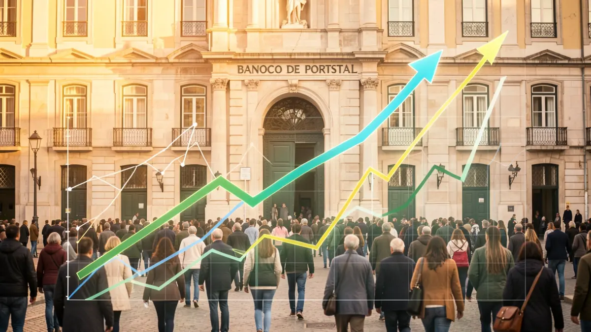 Imagen genérica de gráficos de crecimiento económico sobre la fachada del Banco de Portugal.