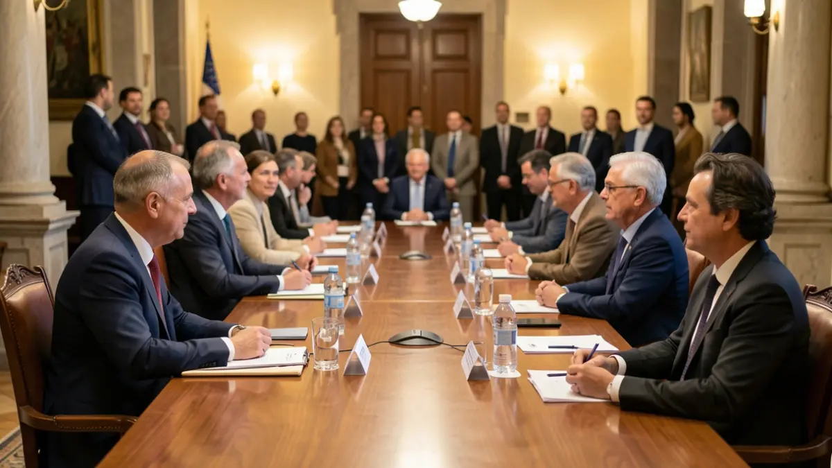 Sala de reunião em município português com representantes de administração pública e empresários.
