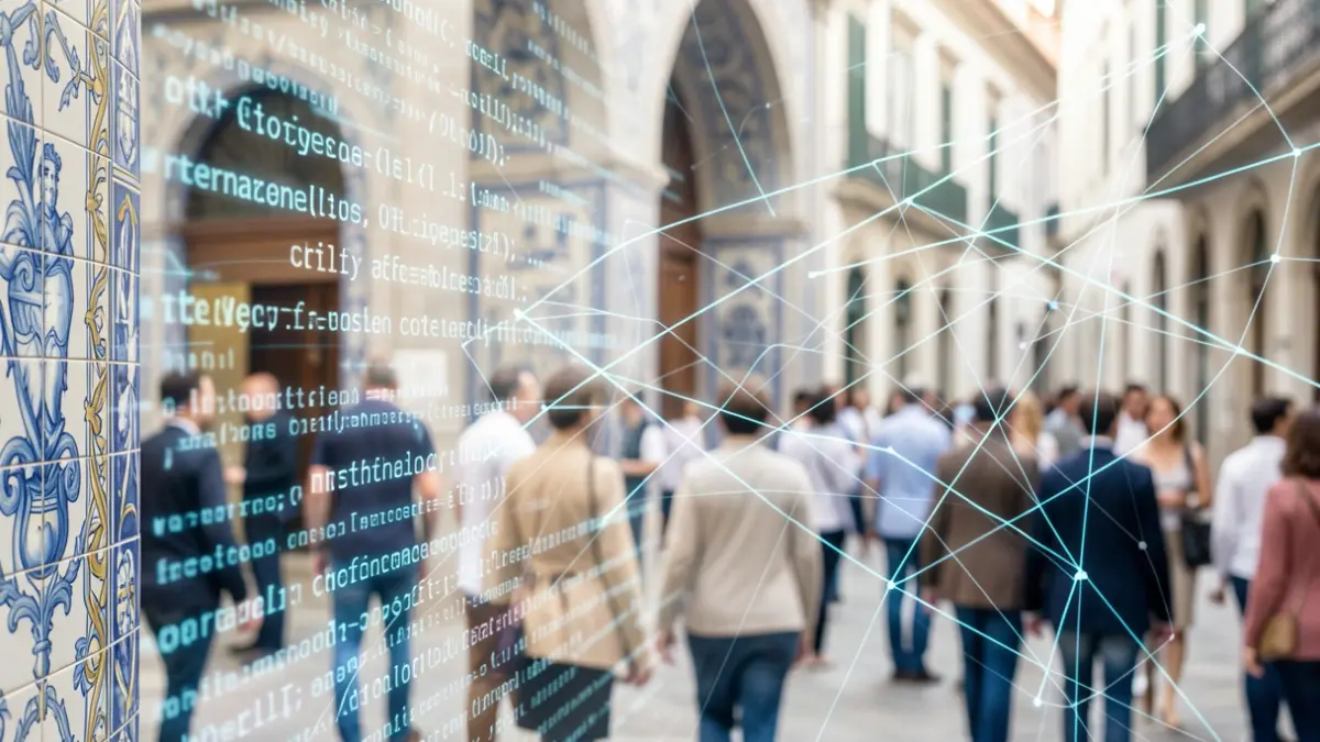 Generic image of abstract technological elements and network connections with a touch of Portuguese architecture.