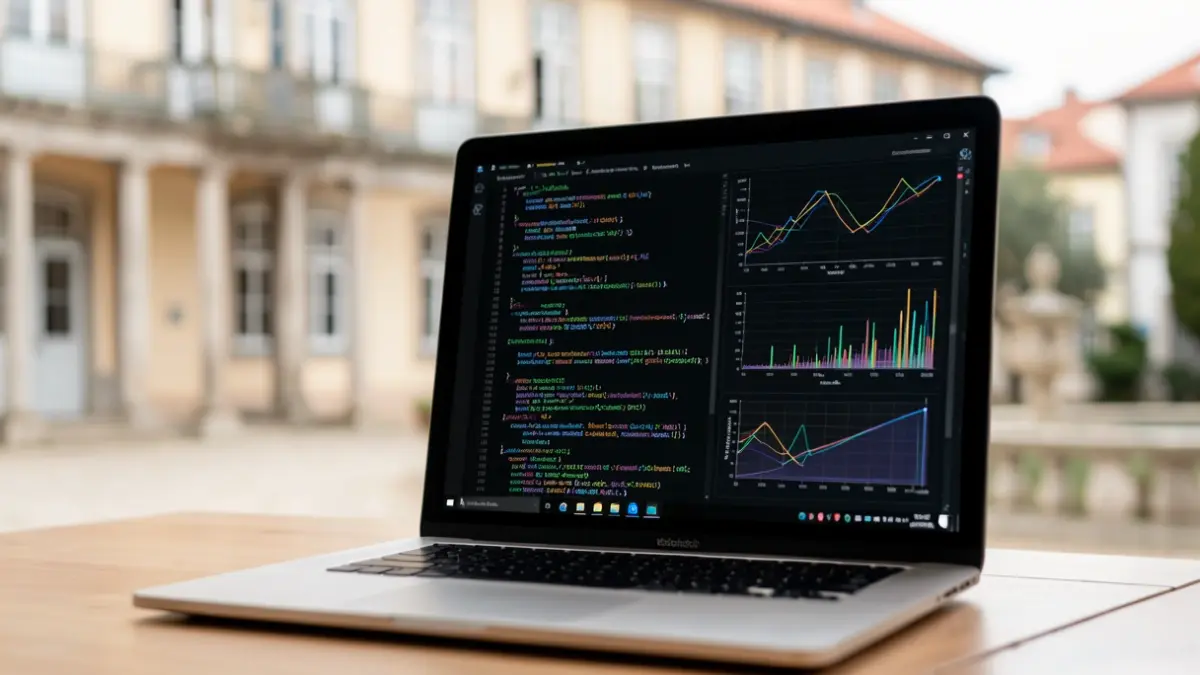 Imagem genérica de um ecrã de computador com código e visualizações de dados, com um edifício universitário desfocado ao fundo.
