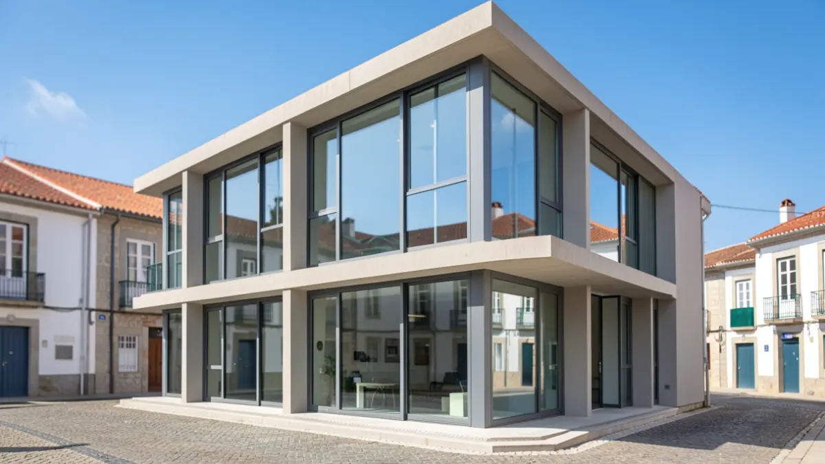 Imagen genérica de la fachada de un edificio moderno de incubadora de empresas, con grandes ventanales y diseño contemporáneo, en Portugal.