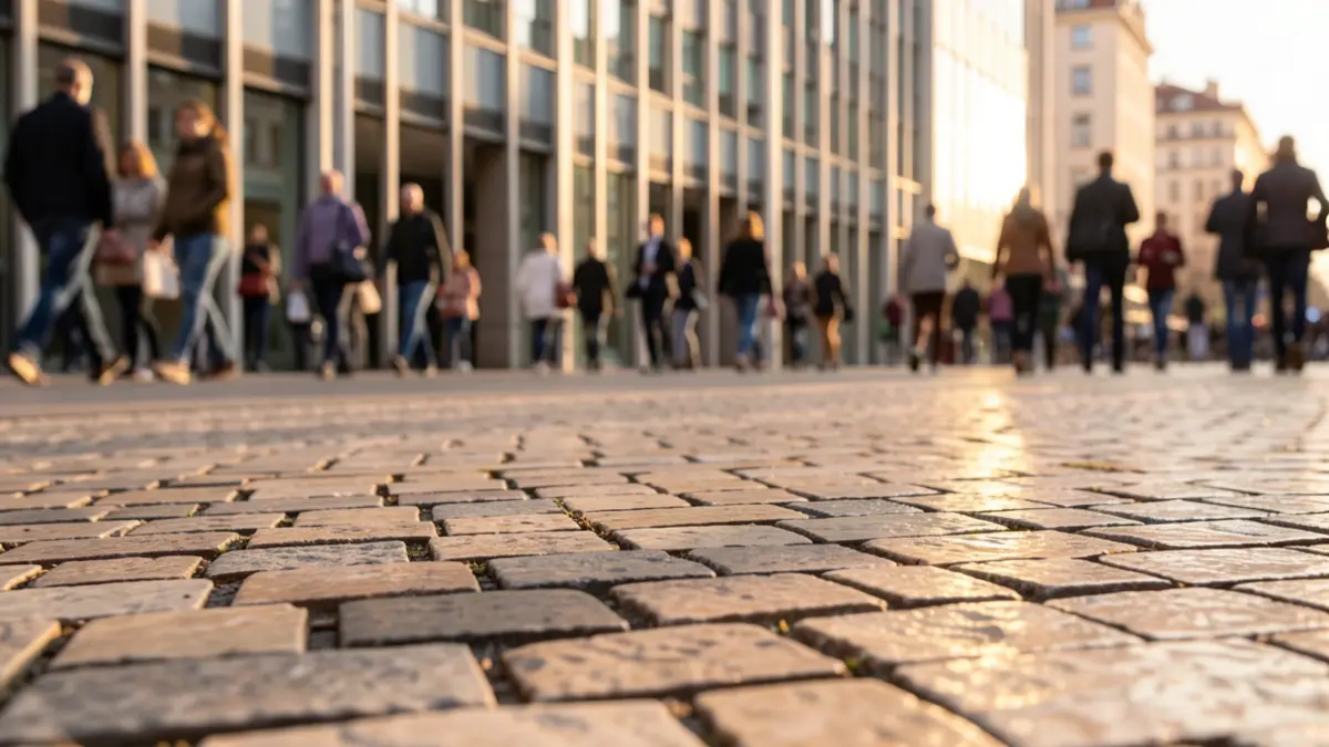 Imagem genérica de um pavimento de calçada portuguesa com o fundo desfocado de um edifício de escritórios moderno.