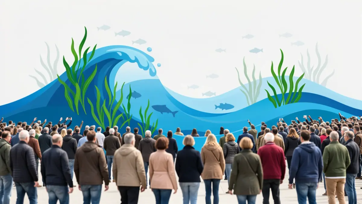 Imagem genérica de ondas azuis estilizadas a fundir-se com plantas aquáticas verdes e silhuetas de peixes subtis, num fundo claro.
