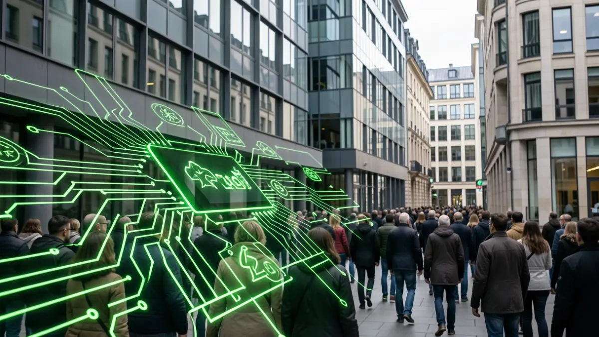 Imagem genérica de tecnologia digital e energia limpa com arquitetura de escritórios europeia.
