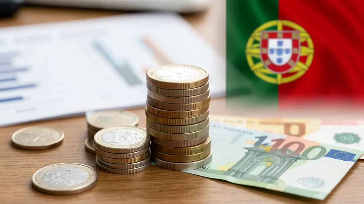 Image of Portuguese euro coins and banknotes on a desk, with a blurred financial report in the background.