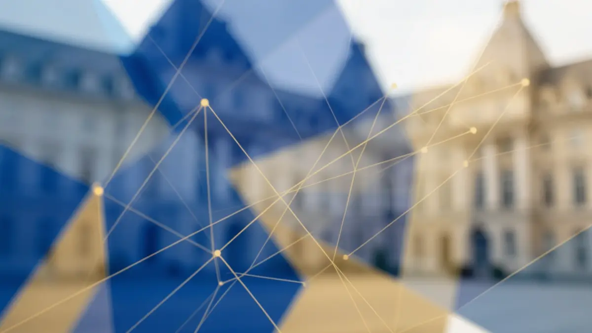 Generic image of blurred geometric shapes in blue and gold tones, suggesting European economic cooperation.