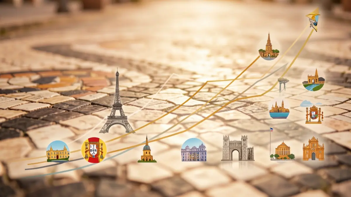Abstract representation of economic growth and consumer preferences in Portugal, with travel elements.