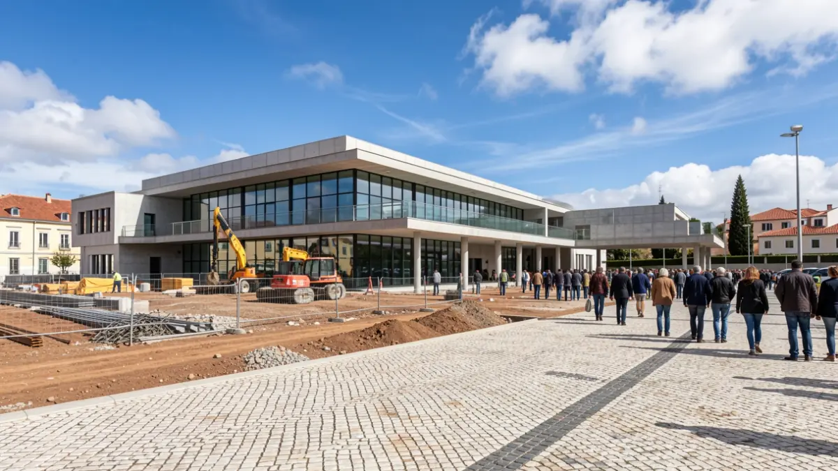 Imagen genérica de un sitio de construcción de un centro tecnológico moderno en Portugal, con elementos arquitectónicos portugueses.