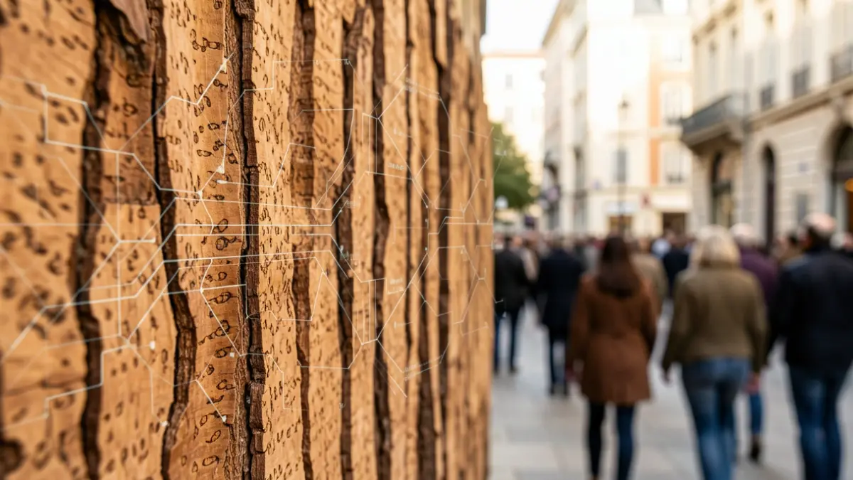 Textura de cortiça com sobreposição tecnológica subtil, representando a ligação entre material tradicional e inovação.