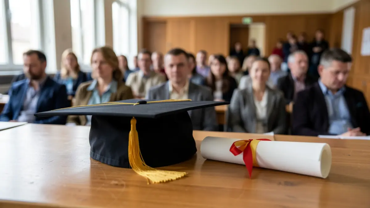 Generic image of a graduation cap and diploma on a wooden desk, with blurred background of a classroom.
