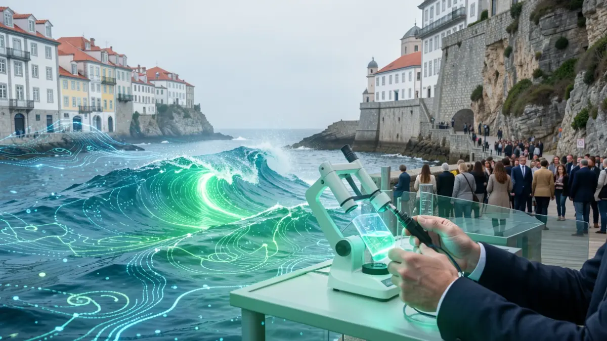 Generic image of abstract digital waves merging with scientific equipment and human hands, with Portuguese coastal architecture in the background.
