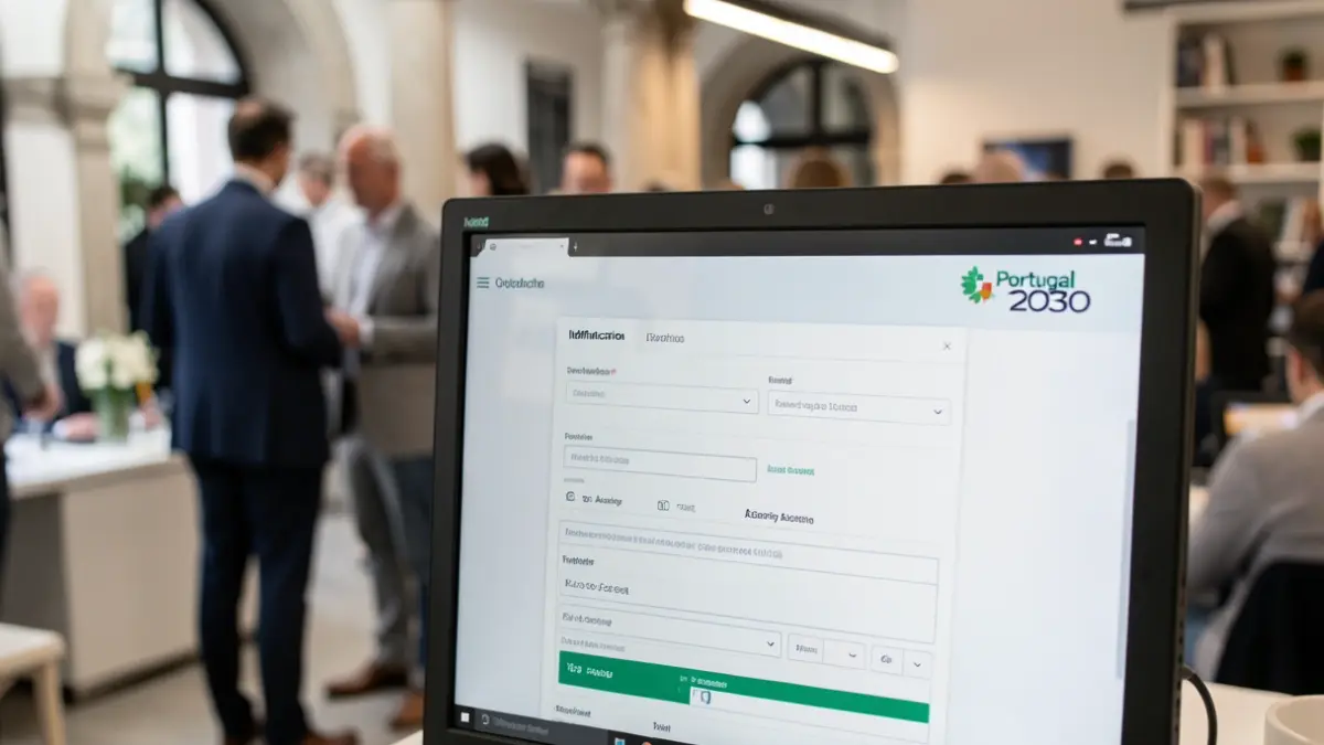 Imagem genérica de um formulário digital num ecrã de computador, com campos para dados de identificação e atividade formativa. Logótipo do 'Portugal 2030' subtil ao fundo. Ambiente de escritório moderno.