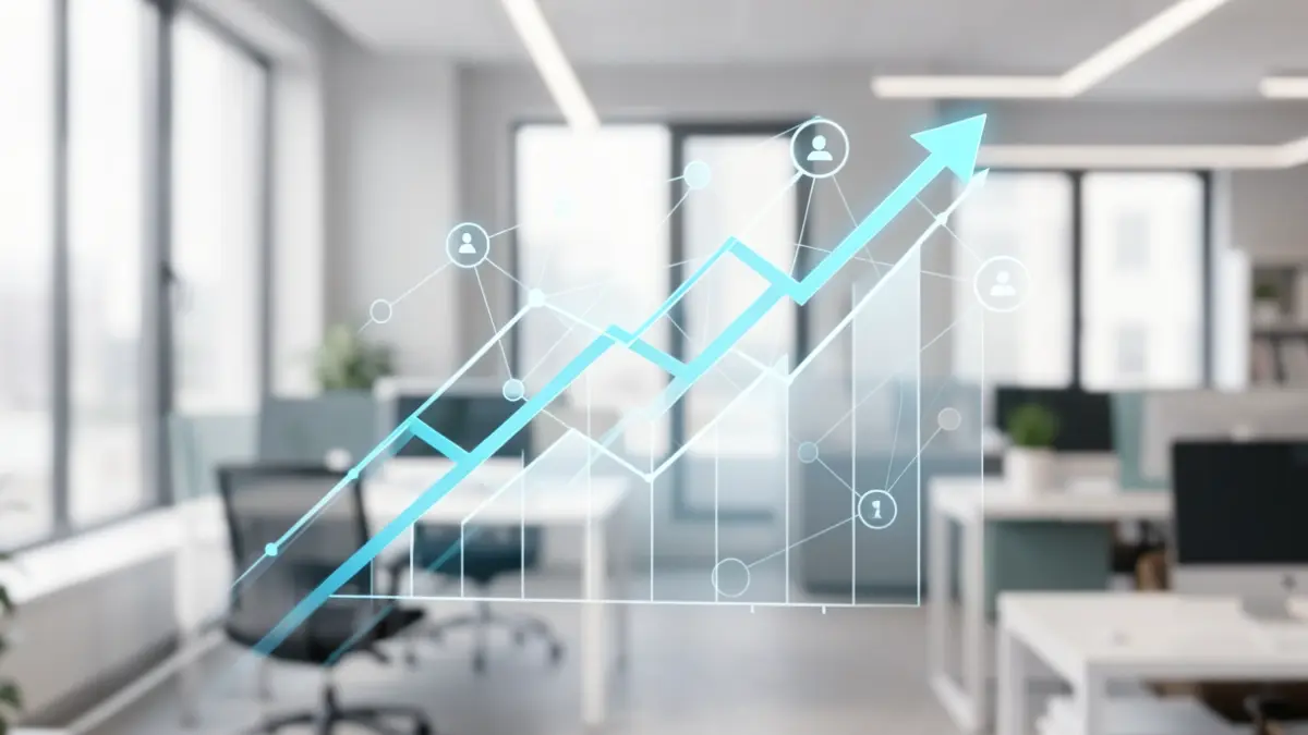 Imagem genérica de inovação e aceleração de mercado com gráficos estilizados e nós interligados.