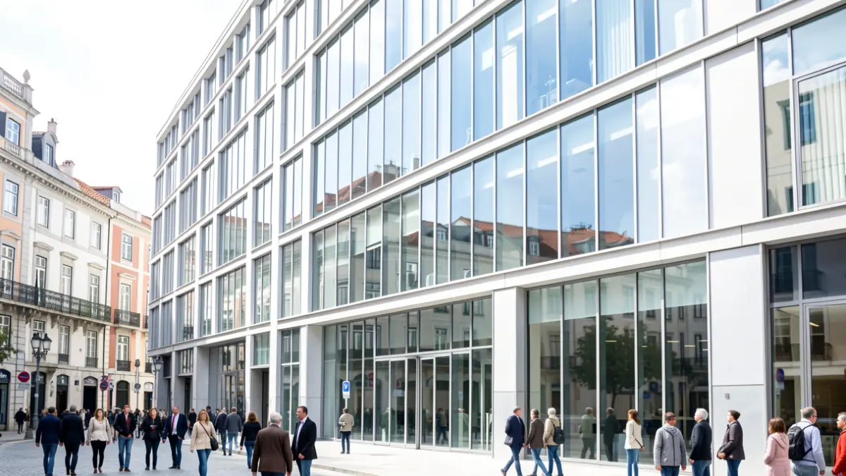 Imagen genérica de una fachada de edificio de oficinas moderno en entorno urbano portugués.