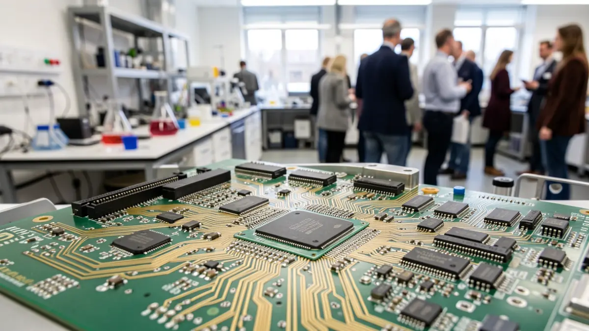 Image of a complex electronic circuit board in a university laboratory.